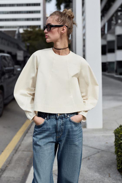 ZARA УКОРОЧЕННЫЙ ТОП С ОБЪЕМНЫМИ РУКАВАМИ, ЭКРЮ