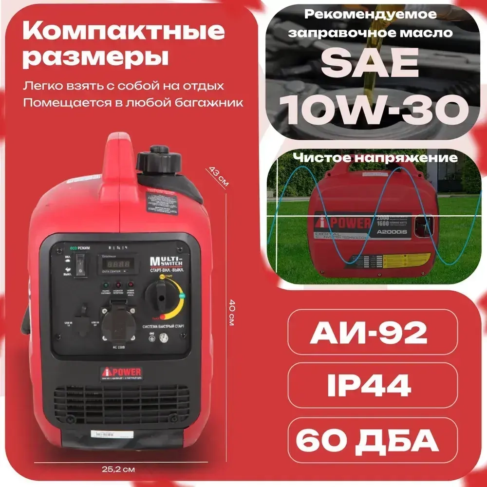 Генератор бензиновый инверторный A-iPower A2000iS (2 кВт) бензо, ручной, мини, электрический