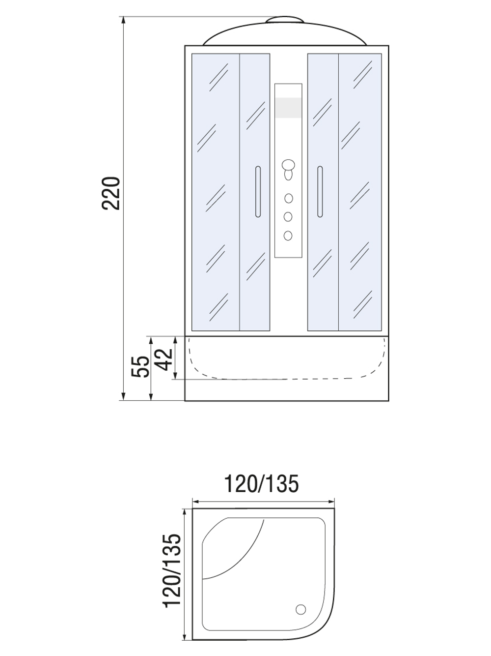 Душевая кабина RIVER TEMZA 120/120/55 МТ 120х120х220 10000002183 Универсальная Четверть круга