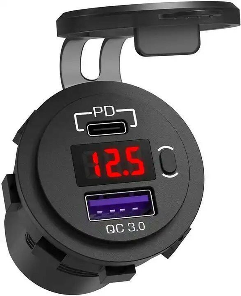 Розетка USB QC 3.0, PD с вольтметром и выключателем Розетка USB QC 3.0, PD с вольтметром и выключателем