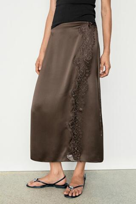 Massimo Dutti Юбка парео из 100% шелка с кружевными деталями, шоколадный