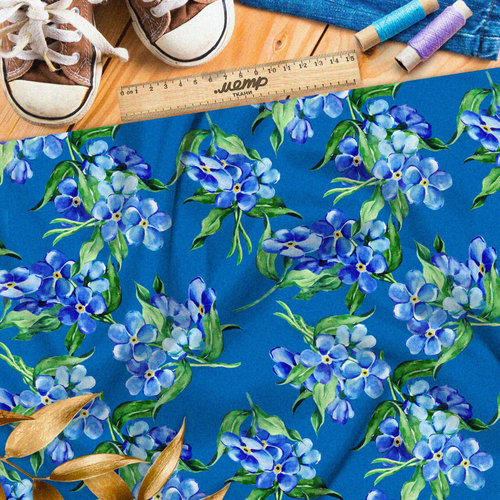 Ткань шелк Армани крупные ветви сирени на синем фоне
