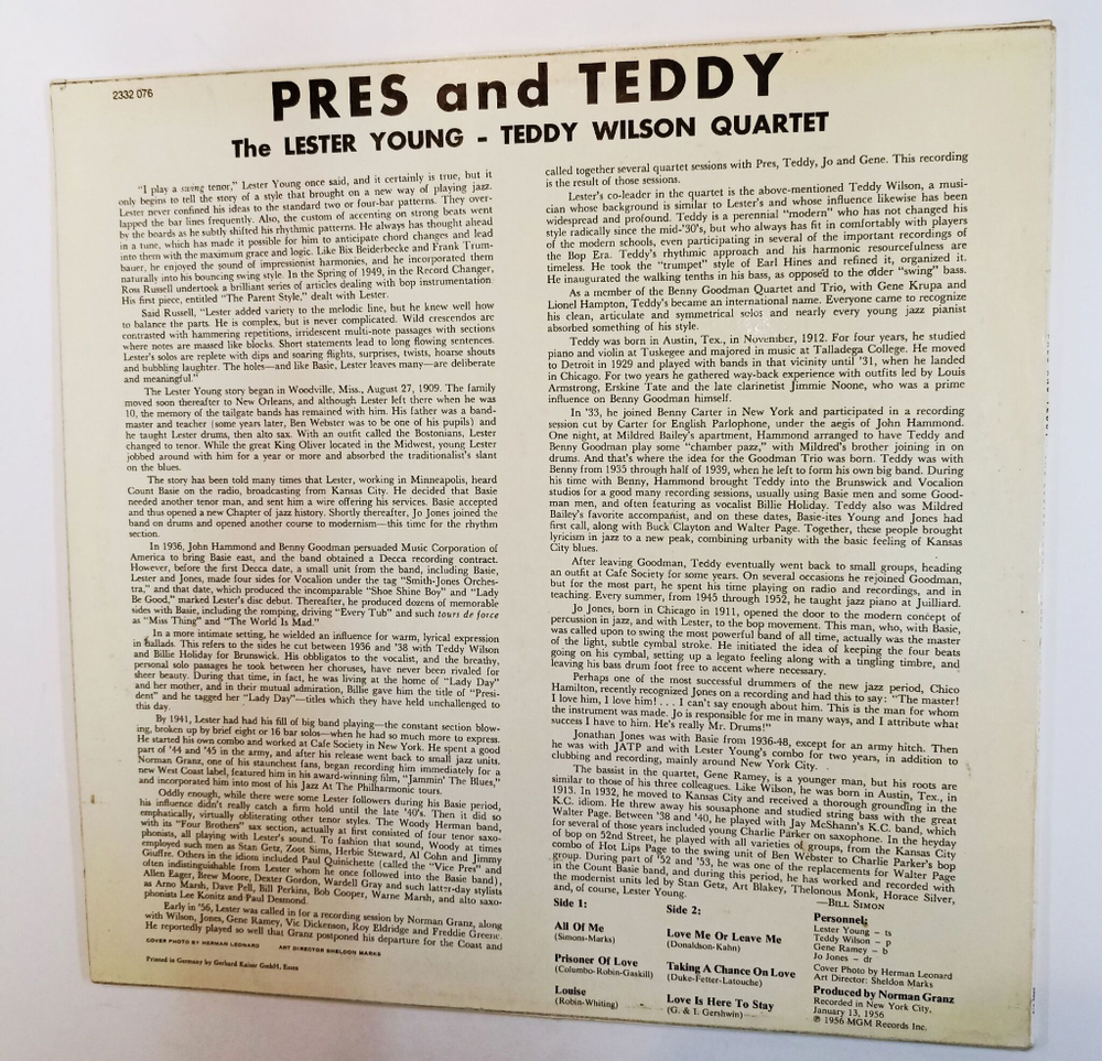 Винтажная виниловая пластинка LP The Lester Young Teddy Wilson Quartet Pres And Teddy (Germany)