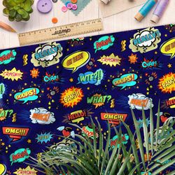 Ткань бифлекс мелкие звуки из комиксов на тёмно-синем фоне