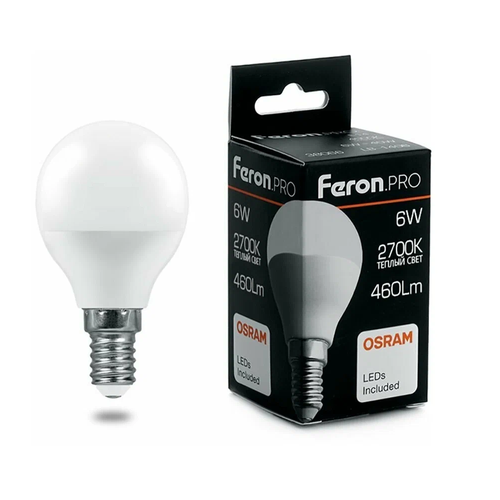 Feron.PRO Лампа св/д шар G45 E14 6W 460lm 2700K 2K матовый 81x48 OSRAM LED