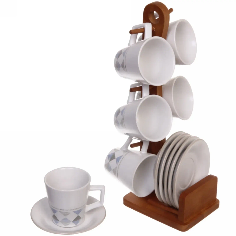 Чайный набор 12 предметов «Geometry» (6кружек 130мл+6блюдец) на бамбуковой подставке
