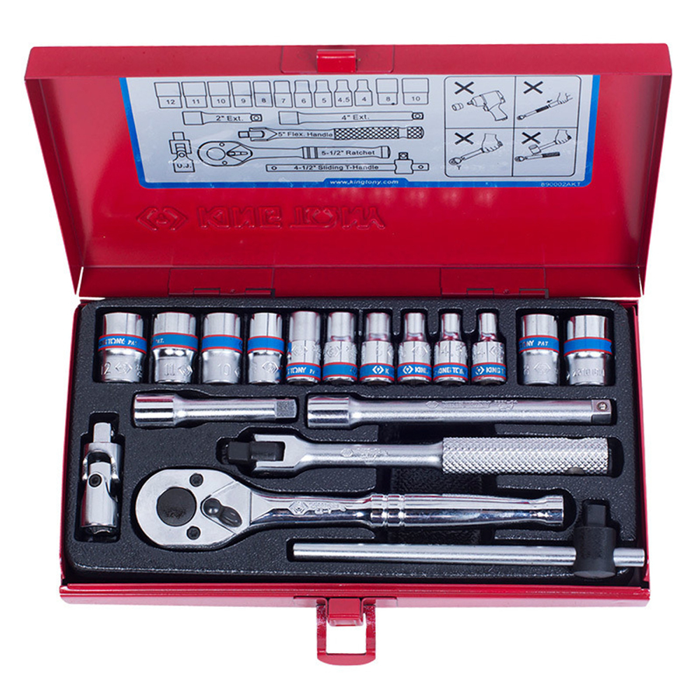 KING TONY (2519MR) Набор торцевых головок с принадлежностями 1/4", 6-гранные, 4-12 мм, 18 предметов