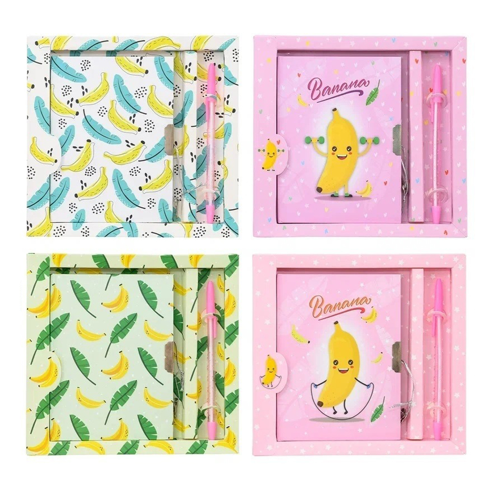 Блокнот детский Basir на замке, с ручкой, формат А6, серия "Банан", переплет 7БЦ, 15*11 см, 48 листов, 4 цвета ассорти
