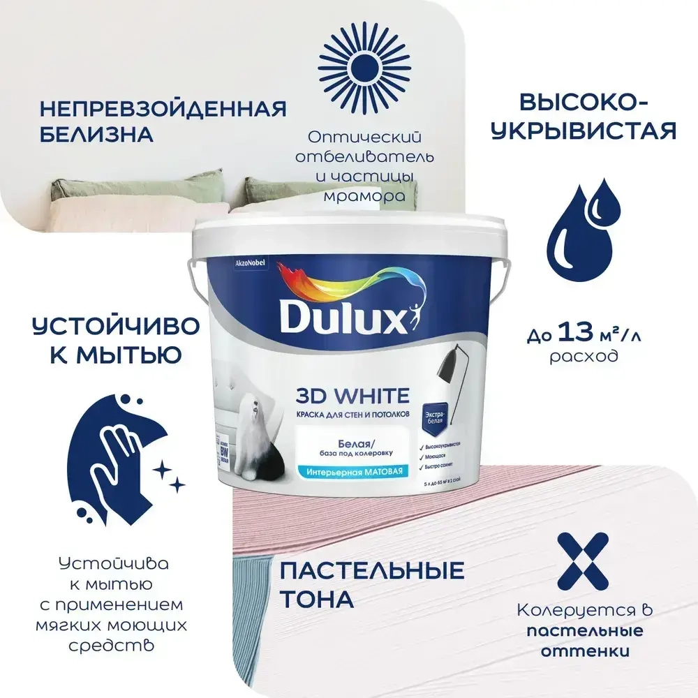 Краска для стен и потолков водно-дисперсионная Dulux 3D White матовая база BW 2,5 л