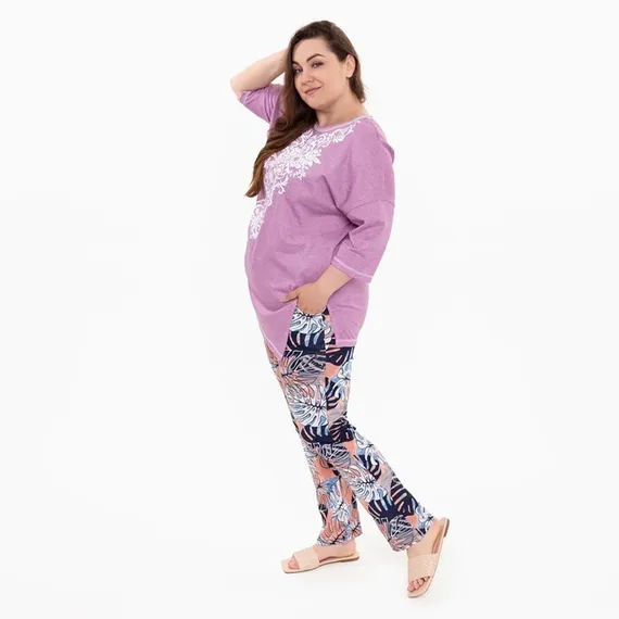 Брюки женские с принтом, цвет белый/розовый, размер 52