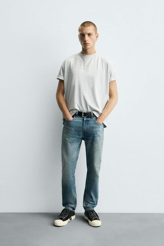 ZARA УКОРОЧЕННЫЕ ДЖИНСЫ SLIM FIT, ВЫЦВЕТШИЙ СИНИЙ