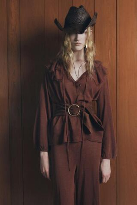 ZARA ОДНОТОННЫЕ ТРИКОТАЖНЫЕ БРЮКИ ПРЯМОГО КРОЯ, БОРДОВЫЙ