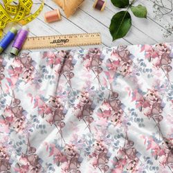 Ткань кулирная гладь цветущие ветви вишни на белом фоне