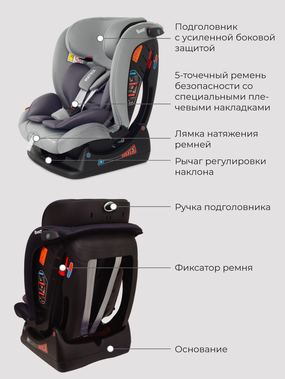 Автокресло Rant AY913 "MATRIX" Safety Line (graphite) группа 0+-1-2-3  (0-36 кг)