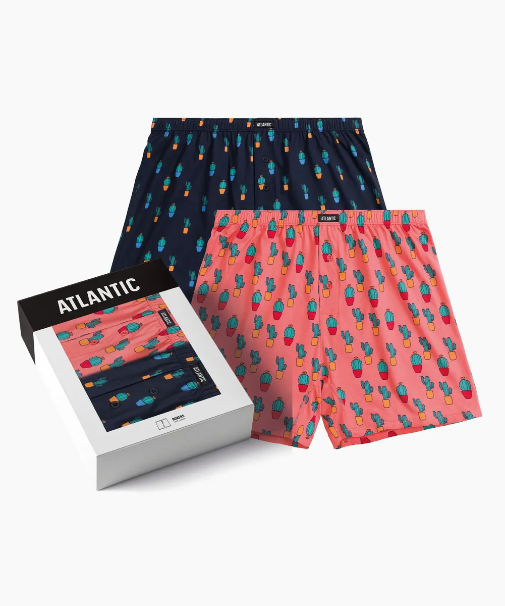 Мужские трусы боксеры Atlantic, набор из 2 шт., хлопок, темно-синие + коралловые, 2MBH-005