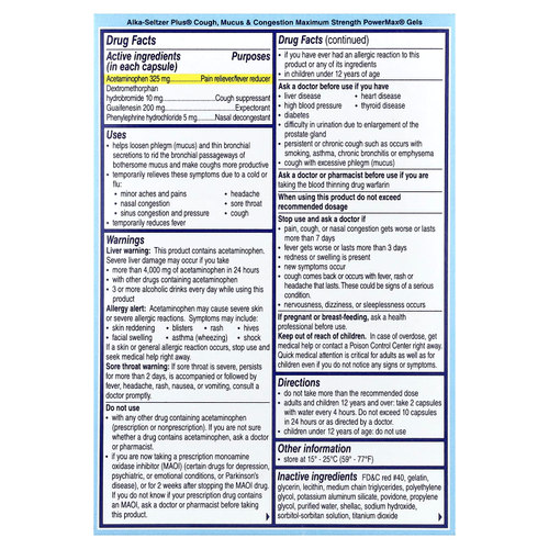 Alka-Seltzer Plus, PowerMax®, гели, от кашля, мокроты и заложенности носа, 24 жидкие капсулы