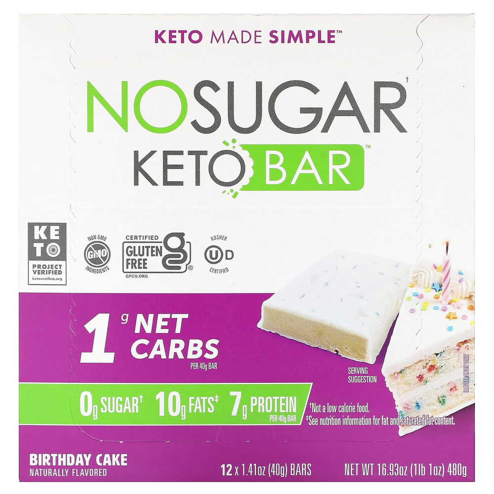 No Sugar Company, Keto Bar™, праздничный торт, 12 батончиков, по 40 г (1,41 унции)