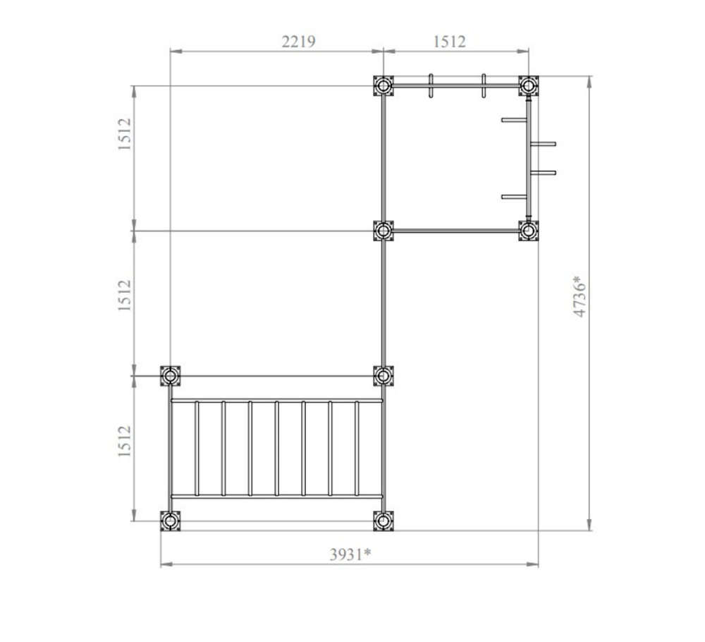 Спортивный комплекс №87, рукоход, шведская стенка, турник и кольца, 4740*3930*2700 мм., D=89 мм.