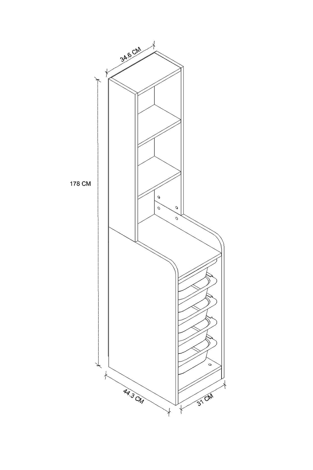 Стеллаж DERYA с 5 выдвижными ящиками - сосна