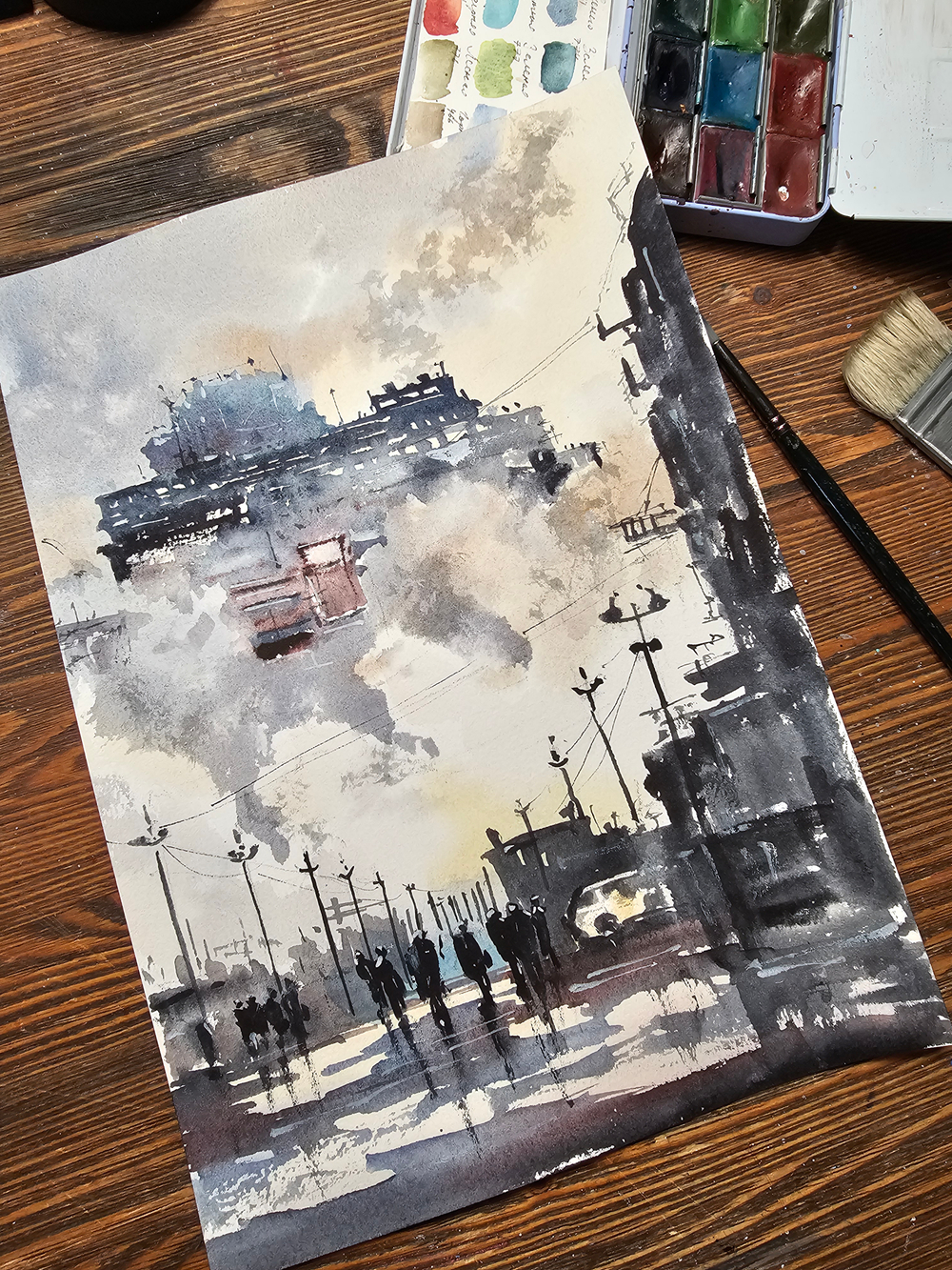 Картина авторская акварельная в паспарту 30х40 см на стену для интерьера "Индустриальный пейзаж"