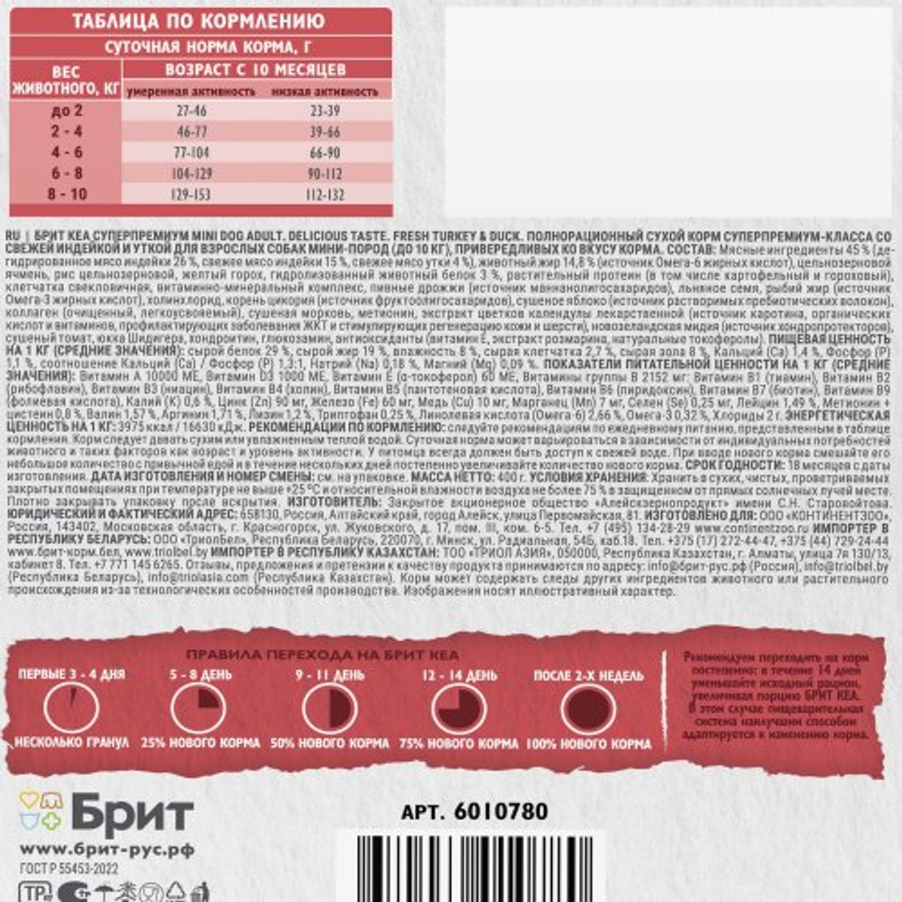  Сухой корм для взрослых собак мини пород Брит BRIT CARE Mini Adult Delicious Taste с индейкой и уткой 0,4кг
