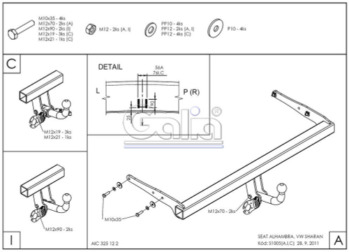 Оцинкованный фаркоп на SEAT Alhambra 2010-2020, Volkswagen Sharan 2010-2020 2WD/4WD (без электрики), Galia S100A