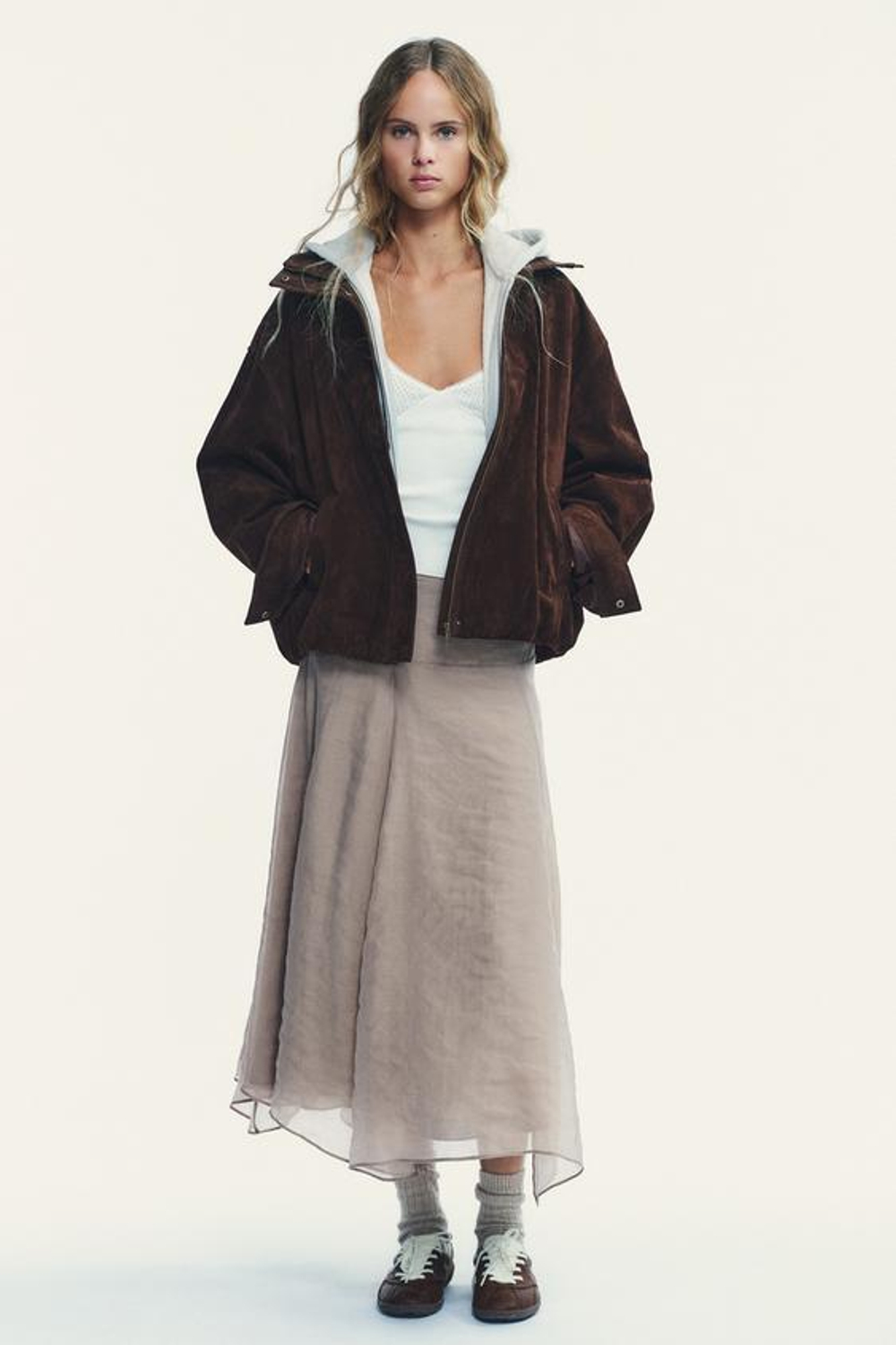 ZARA ЮБКА МИДИ ДВУХСЛОЙНАЯ, СЕРО-КОРИЧНЕВЫЙ