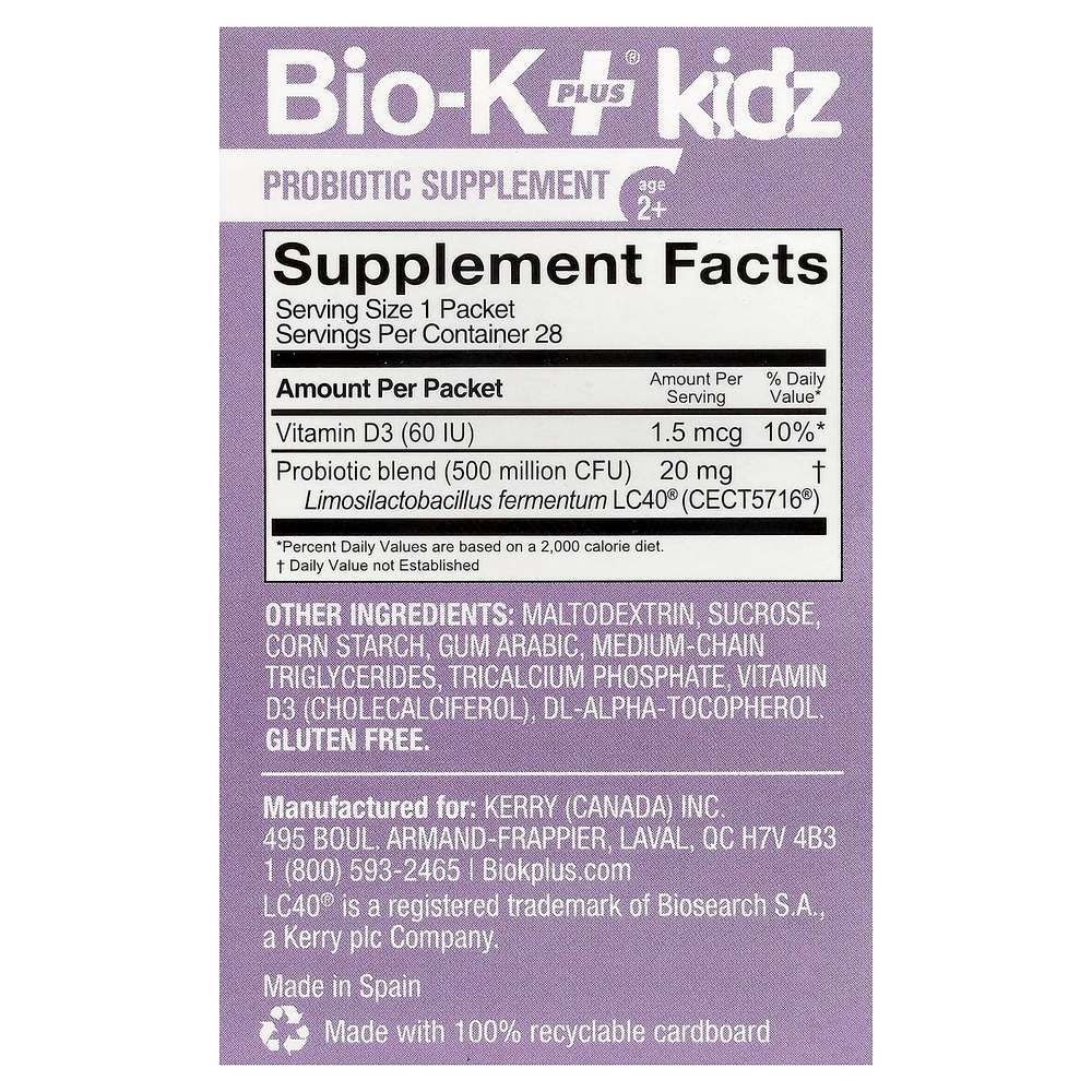 Bio-K+, Kidz, пробиотическая добавка, для детей от 2 лет, без вкусовых добавок, 28 пакетиков по 1 г (0,04 унции)