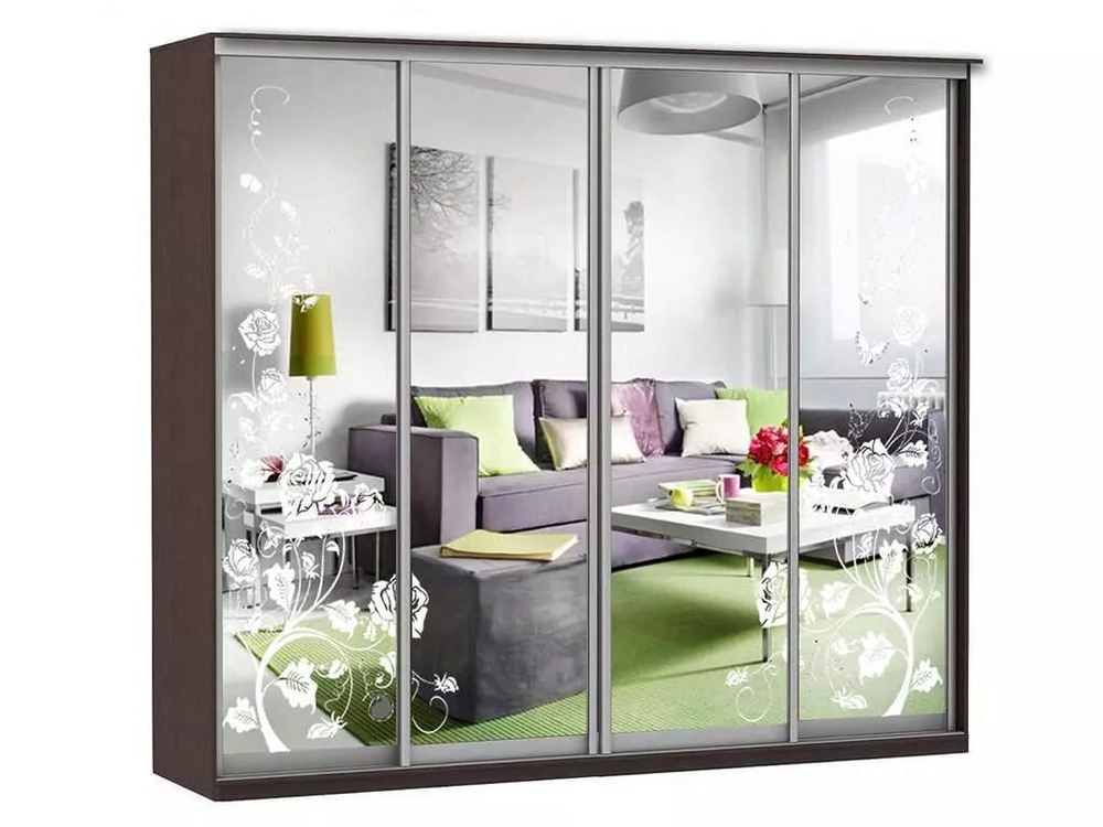 Шкаф купе Модерн 2362х450 4-х дверный 4-х секционный зеркальный с пескоструем №3 венге