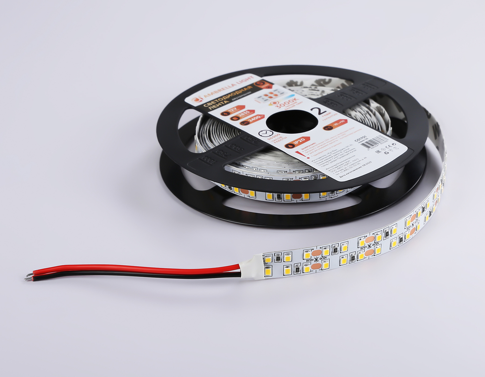 Светодиодная лента двухрядная GS1701 2835 240Led/ 24W m/ 12V IP20 3000K/ 5000*10*1.2mm/ кратность резки 25mm (2 конт.)