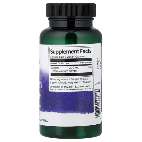 Swanson Vitamins, цитрат кальция, 200 мг, 60 растительных капсул
