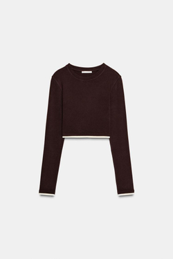 ZARA УКОРОЧЕННАЯ ФУТБОЛКА С ДВОЙНЫМ ЭФФЕКТОМ, КОРИЧНЕВЫЙ