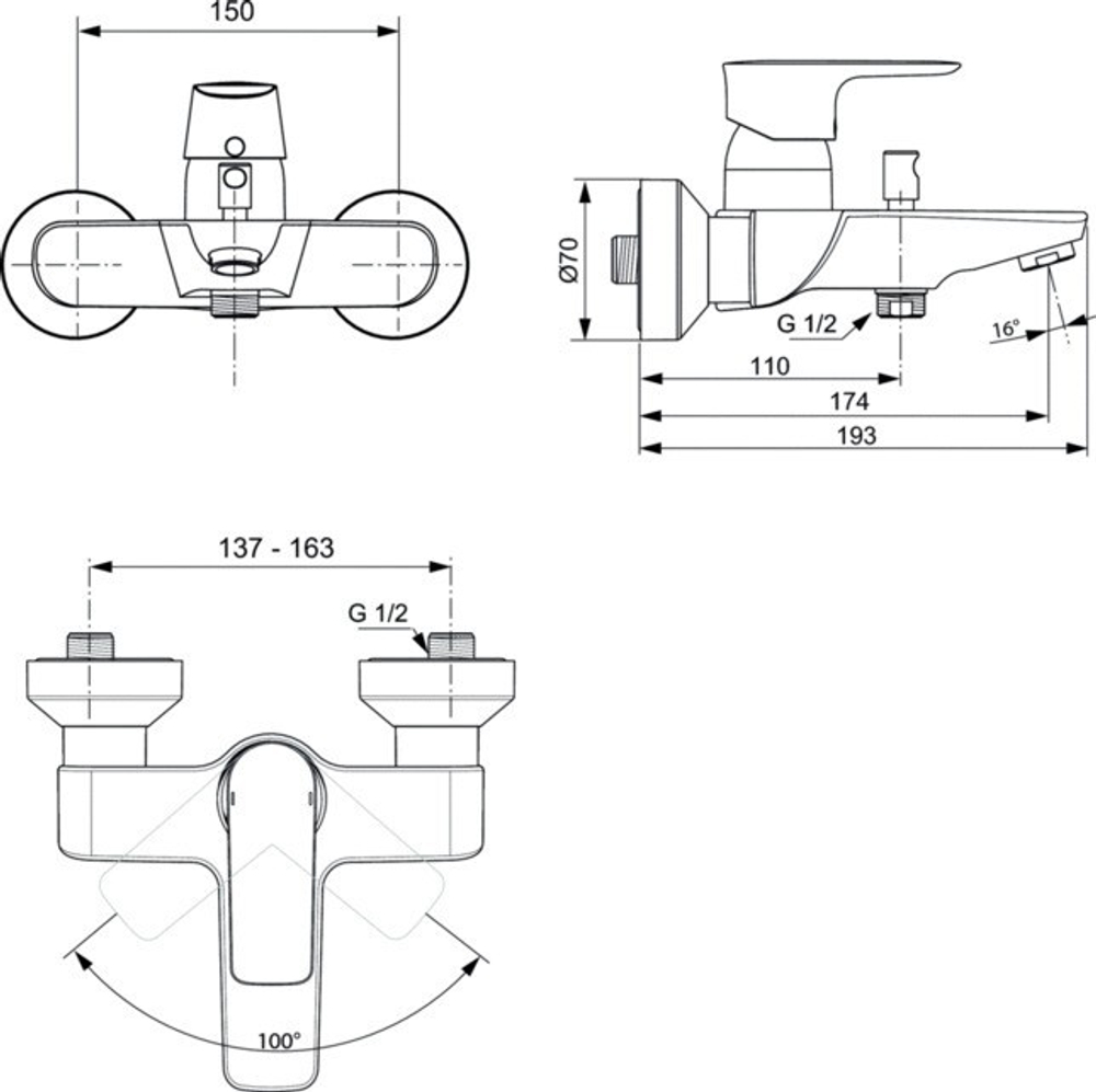 Настенный смеситель для ванны/душа Ideal Standard CONNECT AIR A7033GN