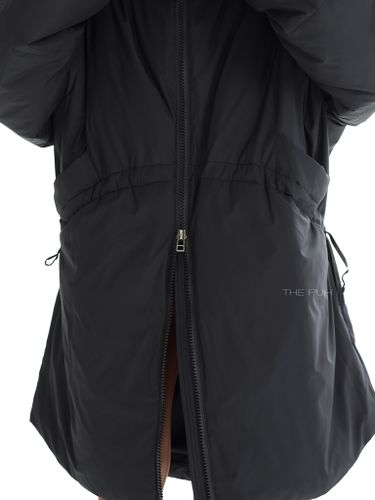 Черно-коричневый длинный пуховик с капюшоном