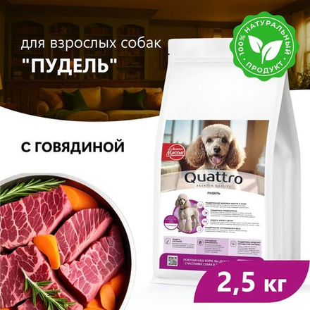 Корм сухой для взрослых собак породы Пудель, премиум полнорационный комплекс, с говядиной, 2,5 кг, QUATTRO