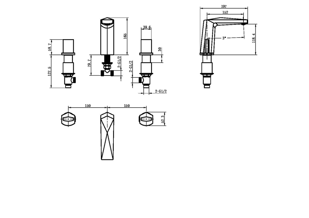 Boheme Смеситель врезной на 3отв. VENTURO Gun Metall, ручка ICE