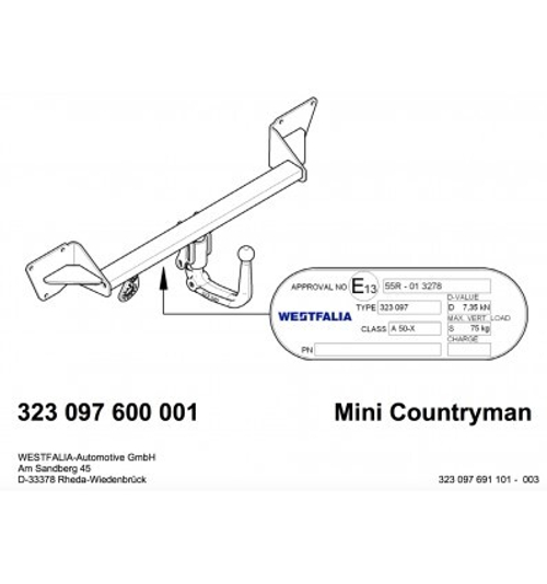 Фаркоп Westfalia 323097600001 Mini Countryman 2010-2016(паспорт и сертификат в комплекте)(без электрики)