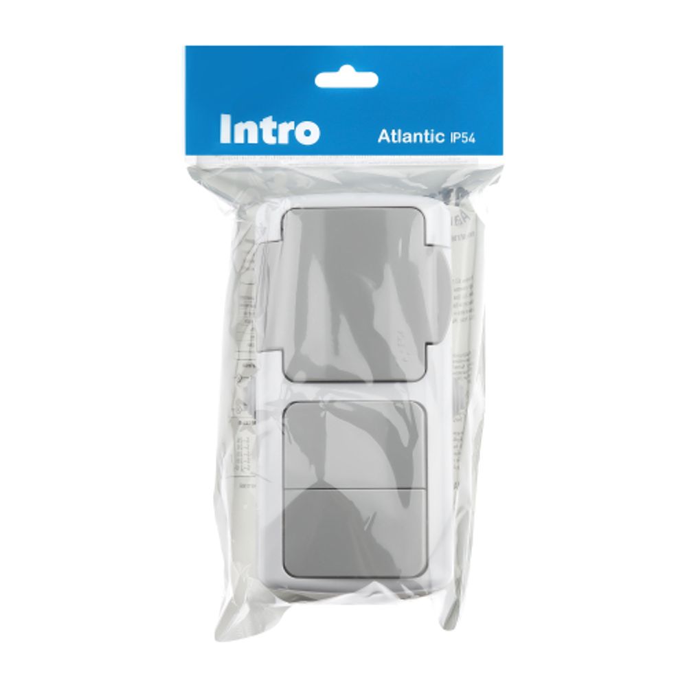 Блок розетка с выключателем Intro Atlantic 5-702-03 двойным 2P+E 10-16А-250В открытой установки гориз. IP54 серый | Intro