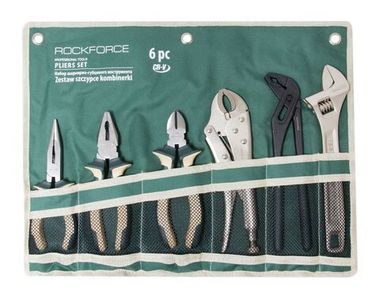 Набор шарнирно-губцевого инструмента 6пр.(бокорезы, плоскогубцы, утконосы, зажим гейферный, пассатижи переставные, ключ разводной), на полотне RockForce##Rock FORCE RF-50614A
