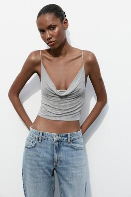 ZARA ТОП ИЗ БЛЕСТЯЩЕЙ ПОЛУПРОЗРАЧНОЙ ТКАНИ, ТЕМНО-СЕРЫЙ