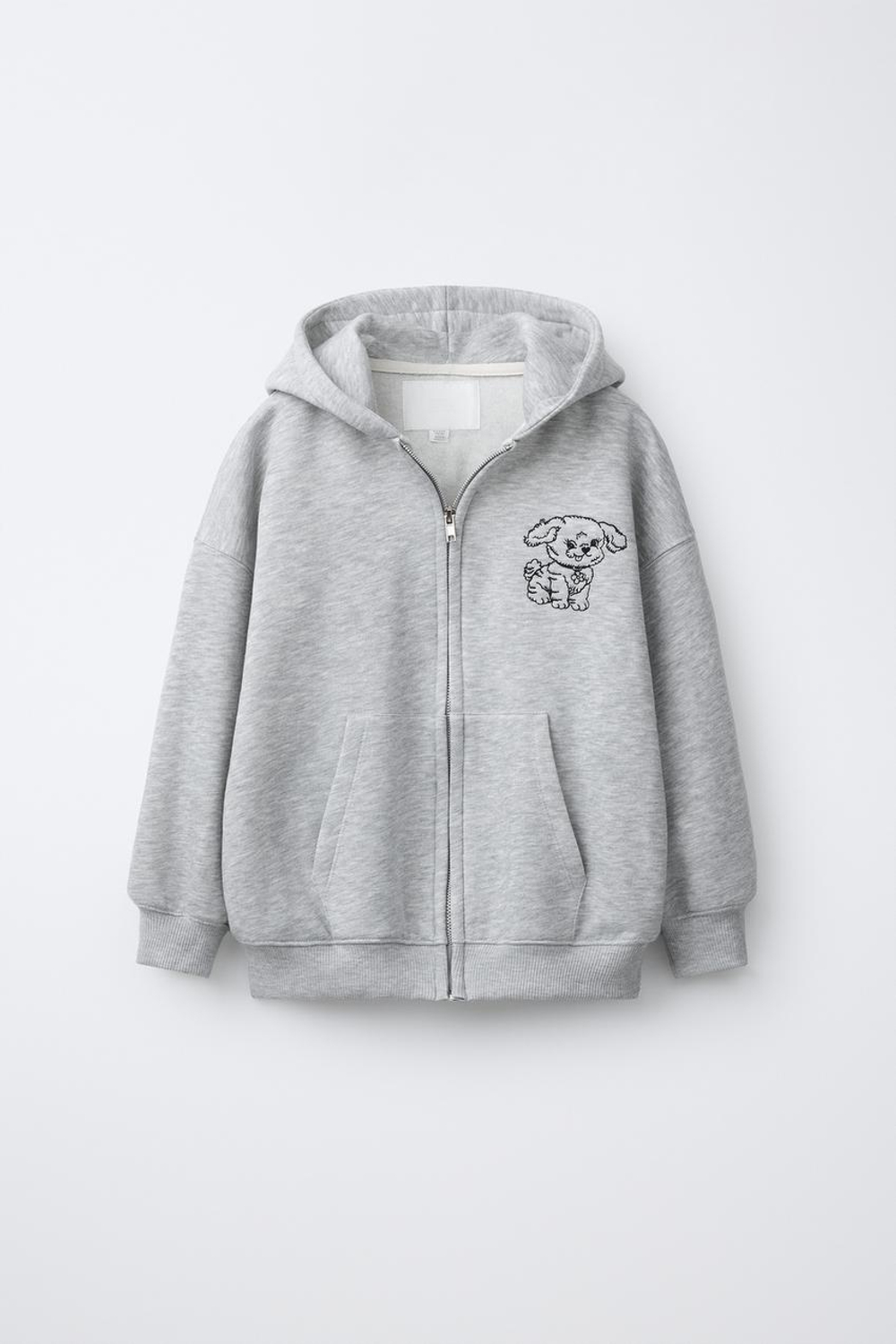 ZARA ХУДИ С ВЫШИВКОЙ СОБАКИ, СЕРЫЙ МЕЛАНЖ