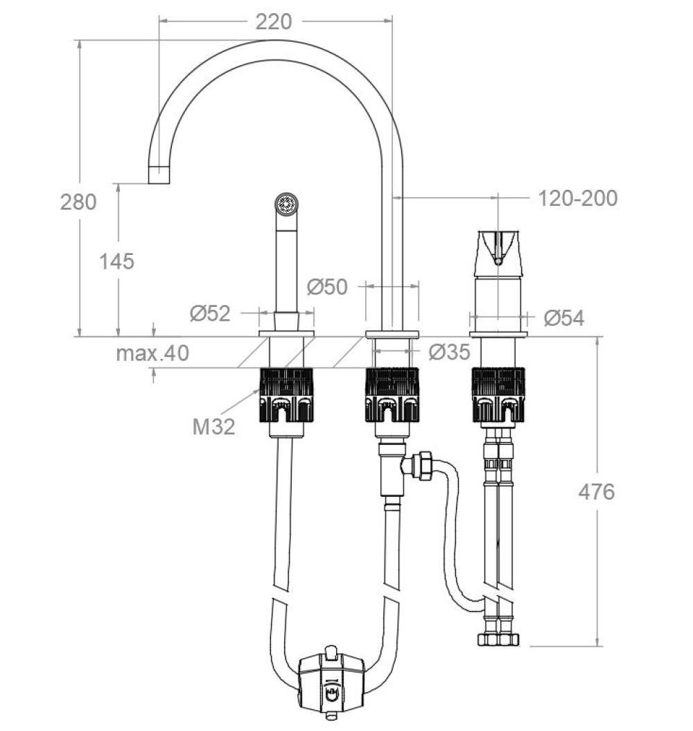 Cмеситель для раковины с выдвижным шлангом на три отверстия ADAGIO 914102OC золото