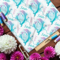 Ткань штапель мыльные дельфины на белом фоне