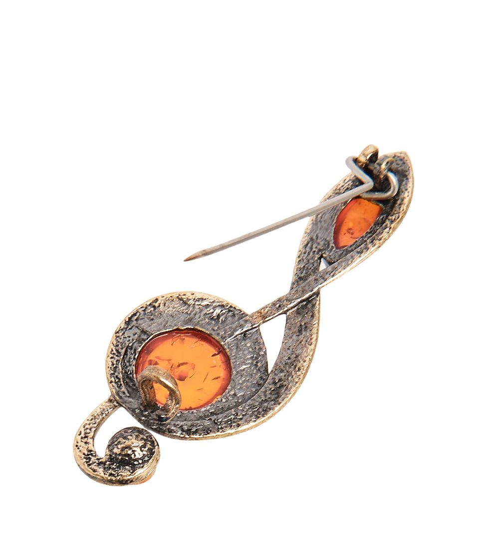AM-1959 Брошь «Скрипичный ключ» (латунь, янтарь)