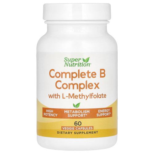 Super Nutrition, полный комплекс витаминов группы B с L-метилфолатом, 60 растительных капсул