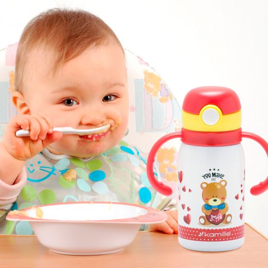 Термос для детей 300 мл. из нержавеющей стали Kamille КМ-2027 с трубочкой и двумя ручками