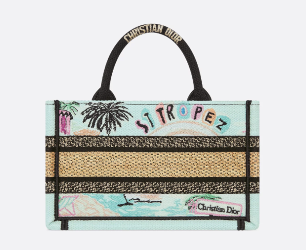 Мини-сумка Dior Book Tote Souvenir St-Tropez из рафии с вышивкой
