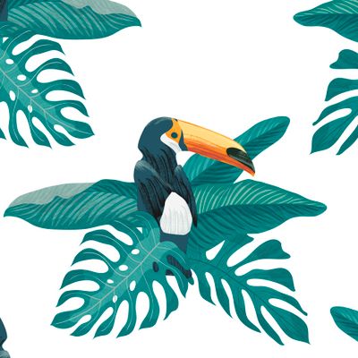 Яркий тукан в листьях пальмы на белом большой