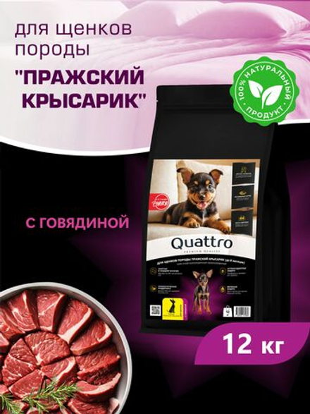 Корм сухой для щенков породы Пражский крысарик, с говядиной, 12 кг, QUATTRO