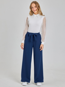 Брюки утепленные для девочки палаццо с завязками темно-синие